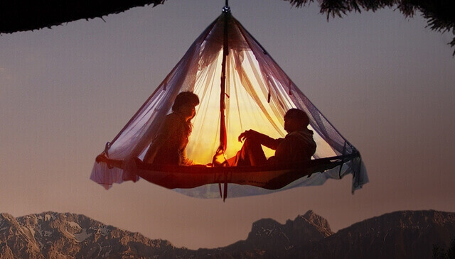 No Waldeilgarten Hollschlucht, o leito é suspenso por um galho grosso de uma grande árvore isolada.