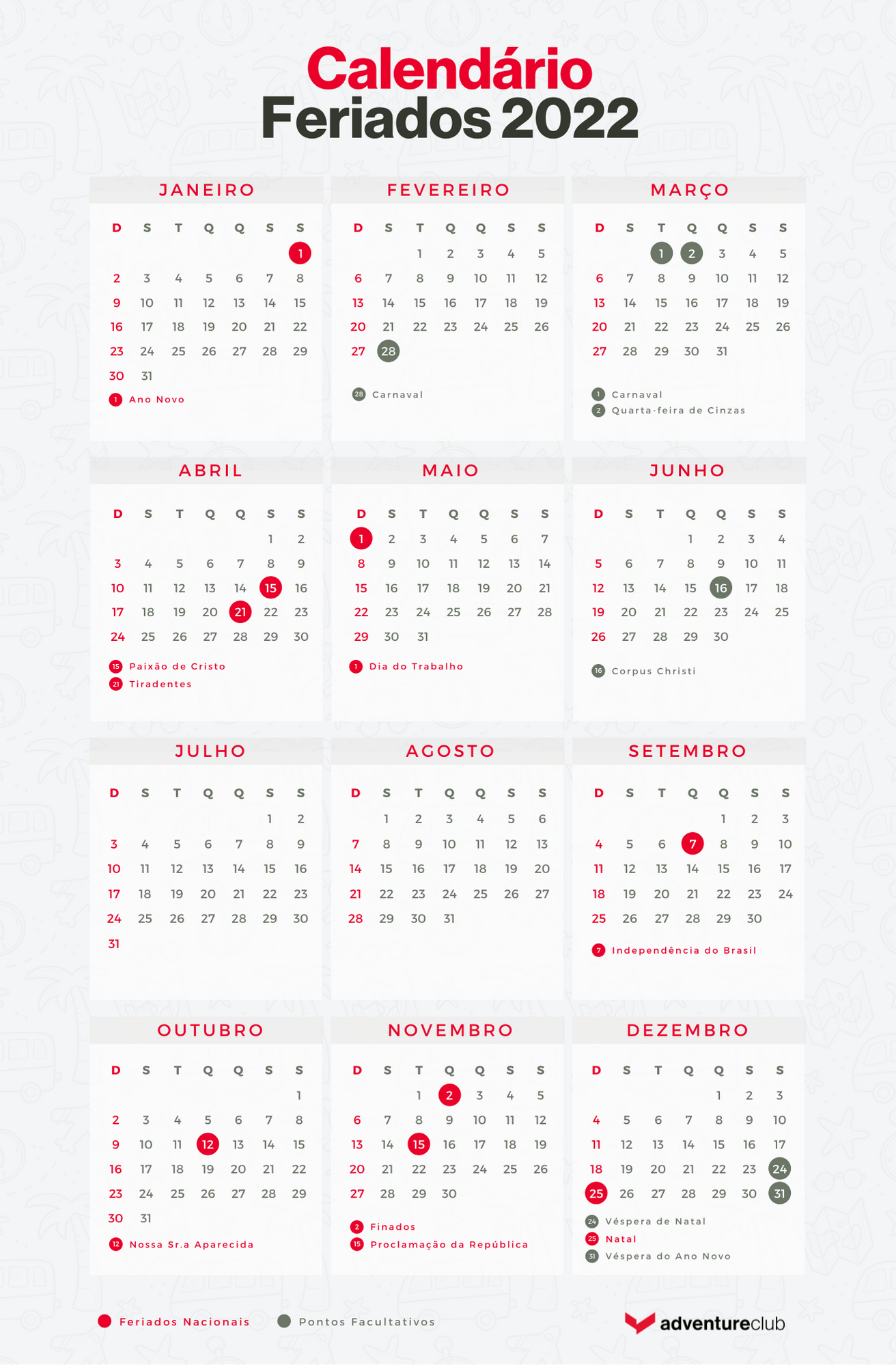 Calendário Feriados de 2022 Adventure Club