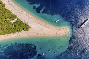 Aerial view of Zlatni Rat Beach in Brac Island, Dalmatian Region