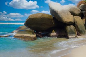 Landscape,On,Beaches,Of,Tayrona,National,Park,With,Blue,Sky.