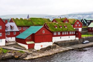 Traditional,Faroese,Buildings,Painted,In,Red,With,Grass,Roofs,In