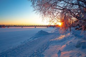 Sunset,In,Rovaniemi,,Lapland,,Finland,,Kemijoki,River,In,January