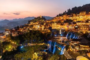 Beautiful,Landscape,At,The,Furong,Old,Town,With,Lighting,Waterfall,